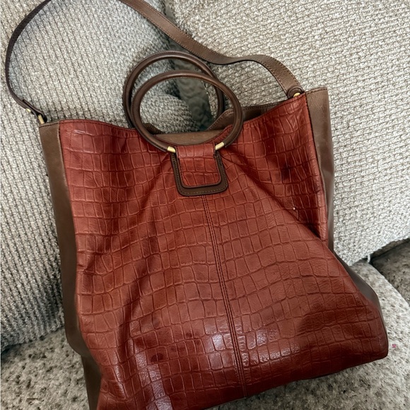 HOBO Croc-Embossed Brick Red and Chocolate Brown Tote with Ring Handle - Picture 4 of 8